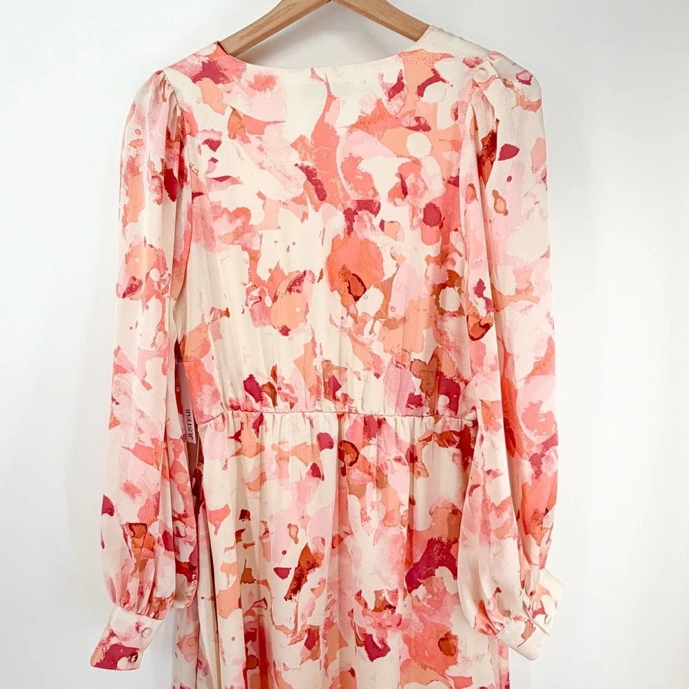 NWT Floral Midi Dress Pink Cream Romantic Cottagecore Tie Waist Size M